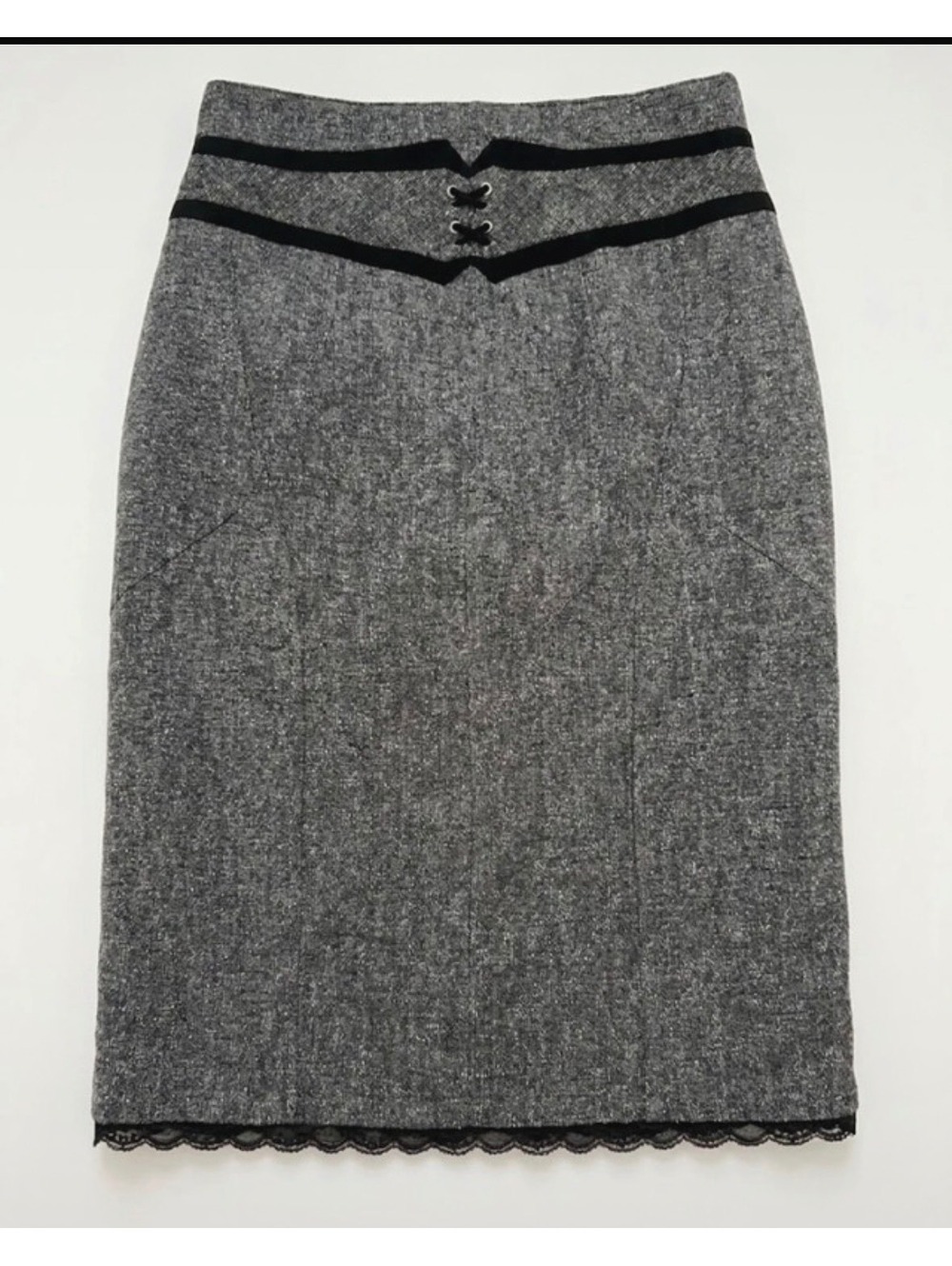 Worthington Womens Grey Tweed Midi Skirt Faux Corset Velvet Trim Lace Edge Sz 14